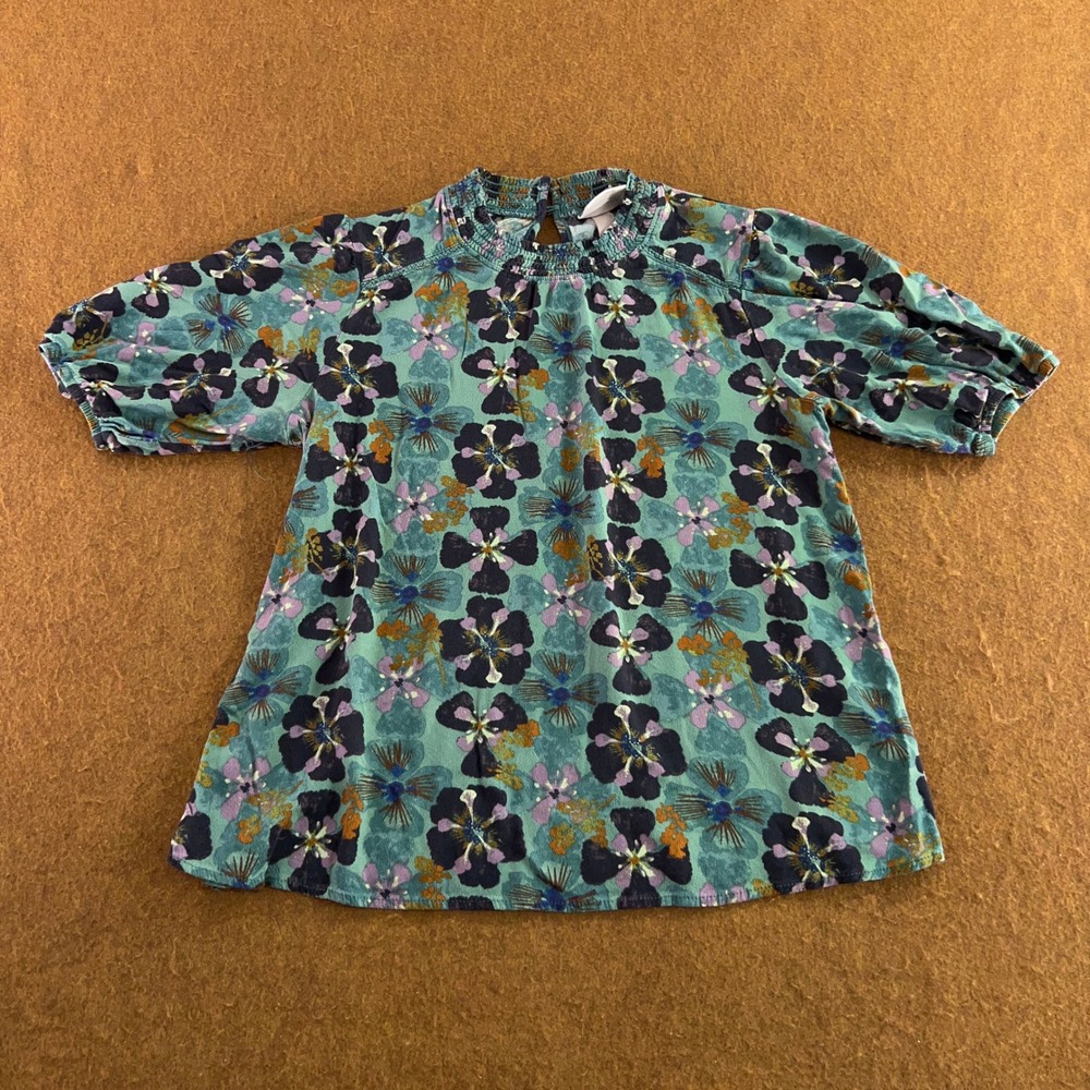 Knox Rose Womens Small Teal Floral Smocked Neck Puff Sleeve Blouse Top New